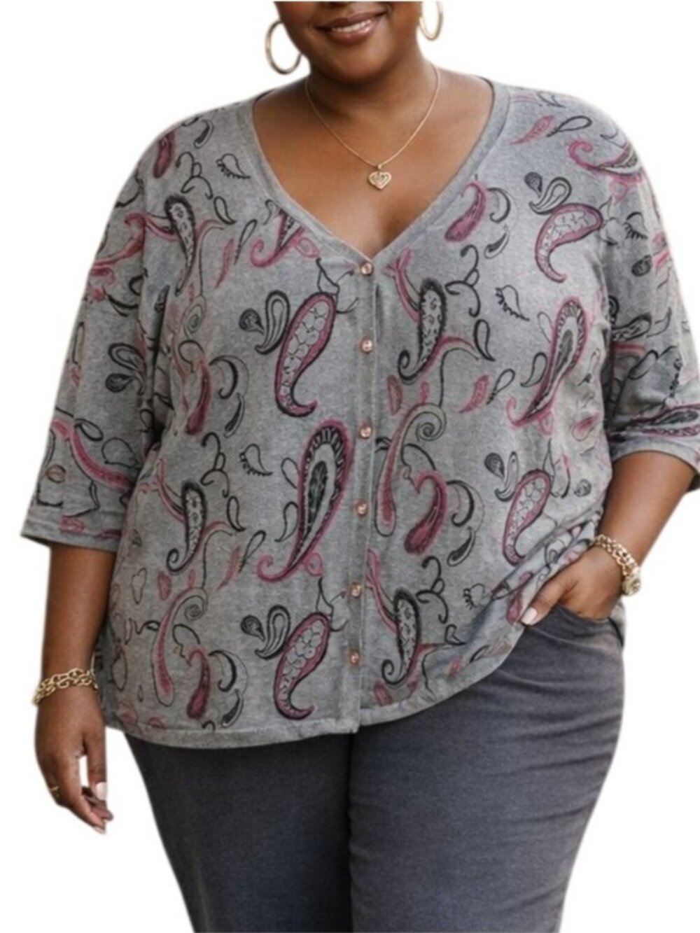 Plus Size 3X Top Button-Up V-Neck Cardigan Sweater 3/4 Sleeves Grey Paisley